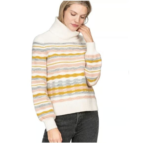 Lilla P Merino Wool Striped Textured Cowl Neck Sweater Cream Yellow Soft Medium - Picture 1 of 11